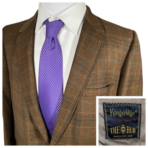 Vintage 60s 70s Kingsridge Sport Coat 44L 46L Brown Plaid Academia Ivy League - Picture 1 of 15